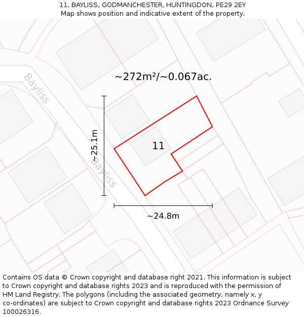 11, BAYLISS, GODMANCHESTER, HUNTINGDON, PE29 2EY: Plot and title map