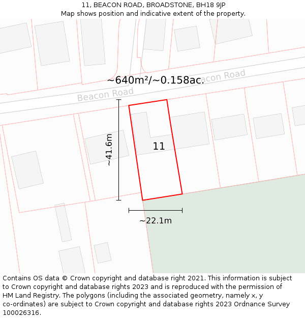 11, BEACON ROAD, BROADSTONE, BH18 9JP: Plot and title map