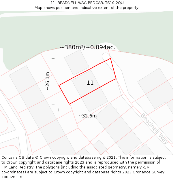 11, BEADNELL WAY, REDCAR, TS10 2QU: Plot and title map