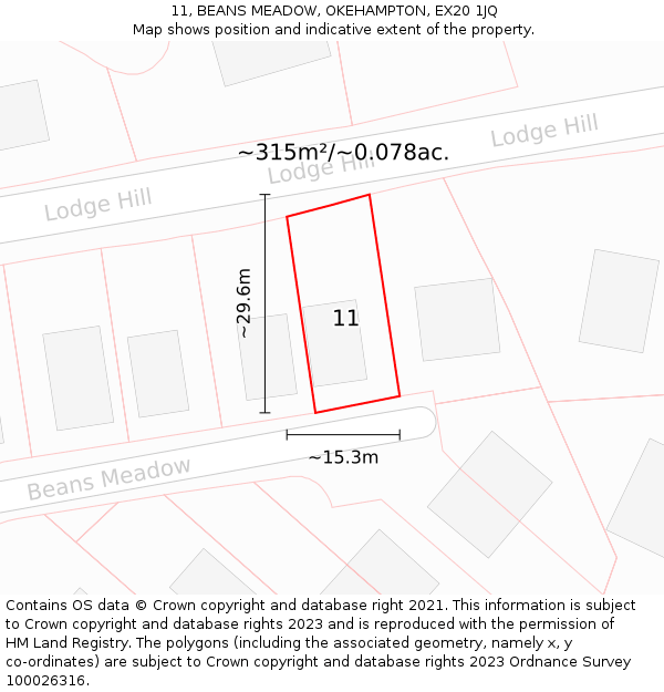 11, BEANS MEADOW, OKEHAMPTON, EX20 1JQ: Plot and title map