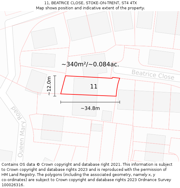 11, BEATRICE CLOSE, STOKE-ON-TRENT, ST4 4TX: Plot and title map