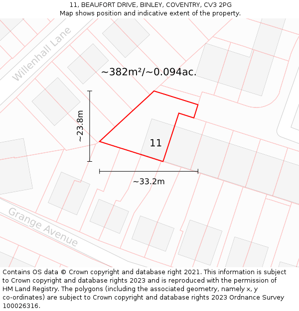 11, BEAUFORT DRIVE, BINLEY, COVENTRY, CV3 2PG: Plot and title map