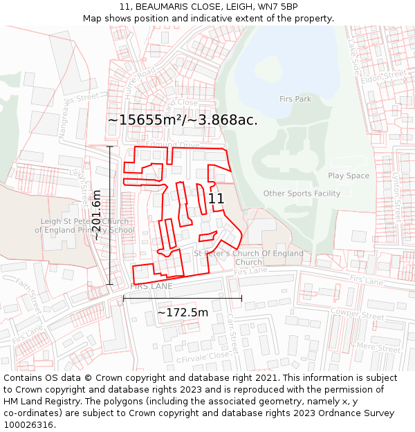 11, BEAUMARIS CLOSE, LEIGH, WN7 5BP: Plot and title map