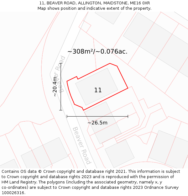 11, BEAVER ROAD, ALLINGTON, MAIDSTONE, ME16 0XR: Plot and title map