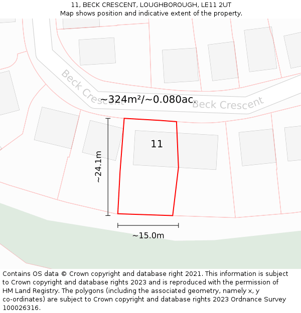 11, BECK CRESCENT, LOUGHBOROUGH, LE11 2UT: Plot and title map