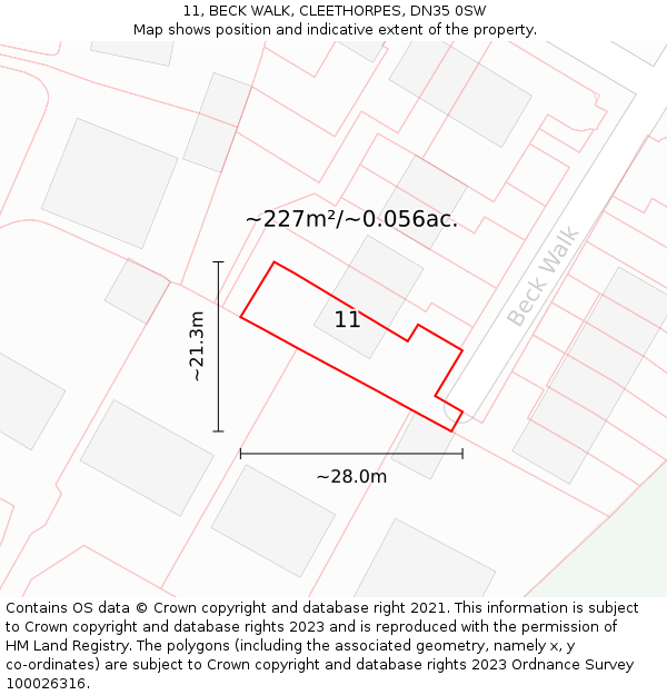 11, BECK WALK, CLEETHORPES, DN35 0SW: Plot and title map