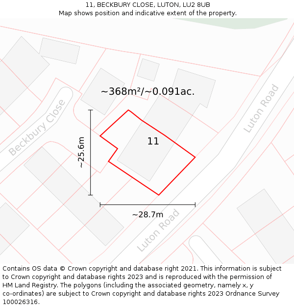 11, BECKBURY CLOSE, LUTON, LU2 8UB: Plot and title map