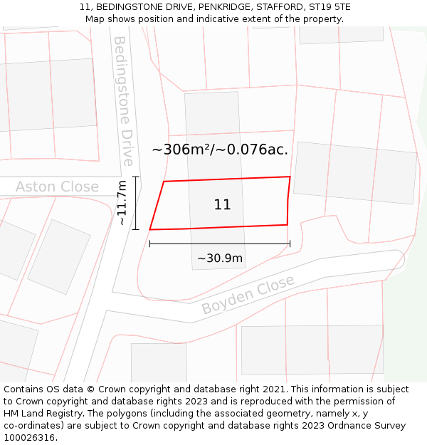 11, BEDINGSTONE DRIVE, PENKRIDGE, STAFFORD, ST19 5TE: Plot and title map