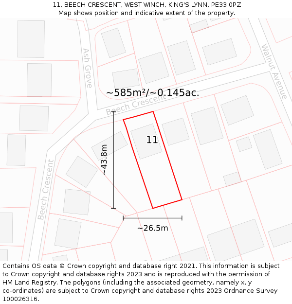 11, BEECH CRESCENT, WEST WINCH, KING'S LYNN, PE33 0PZ: Plot and title map