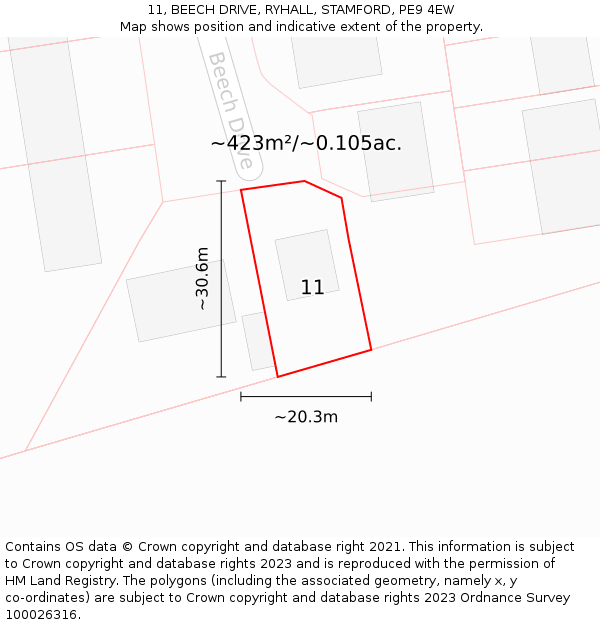 11, BEECH DRIVE, RYHALL, STAMFORD, PE9 4EW: Plot and title map