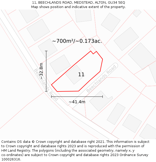11, BEECHLANDS ROAD, MEDSTEAD, ALTON, GU34 5EQ: Plot and title map
