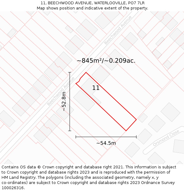 11, BEECHWOOD AVENUE, WATERLOOVILLE, PO7 7LR: Plot and title map