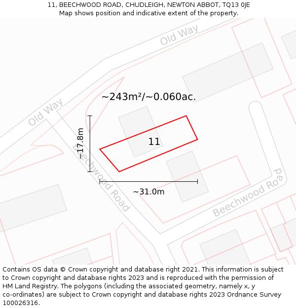 11, BEECHWOOD ROAD, CHUDLEIGH, NEWTON ABBOT, TQ13 0JE: Plot and title map