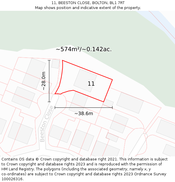 11, BEESTON CLOSE, BOLTON, BL1 7RT: Plot and title map