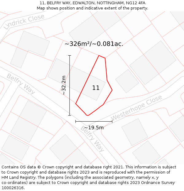 11, BELFRY WAY, EDWALTON, NOTTINGHAM, NG12 4FA: Plot and title map