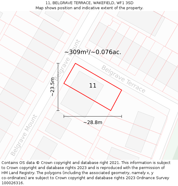 11, BELGRAVE TERRACE, WAKEFIELD, WF1 3SD: Plot and title map