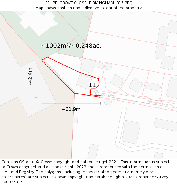 11, BELGROVE CLOSE, BIRMINGHAM, B15 3RQ: Plot and title map