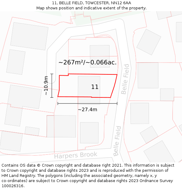 11, BELLE FIELD, TOWCESTER, NN12 6AA: Plot and title map