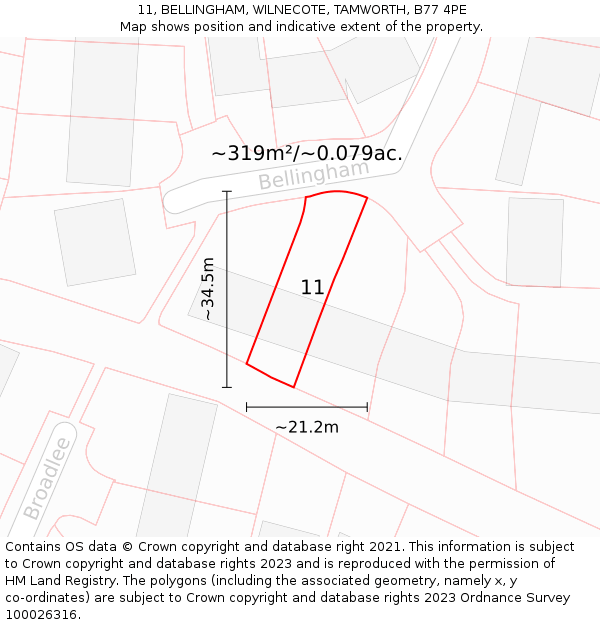 11, BELLINGHAM, WILNECOTE, TAMWORTH, B77 4PE: Plot and title map