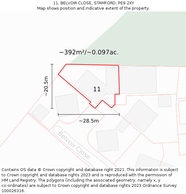 11, BELVOIR CLOSE, STAMFORD, PE9 2XY: Plot and title map