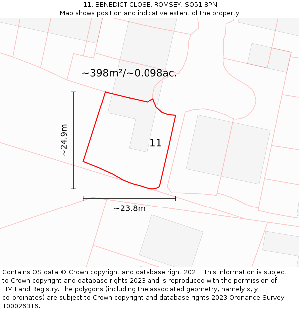 11, BENEDICT CLOSE, ROMSEY, SO51 8PN: Plot and title map