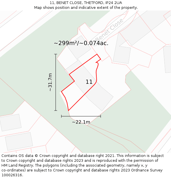 11, BENET CLOSE, THETFORD, IP24 2UA: Plot and title map