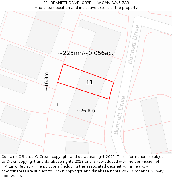 11, BENNETT DRIVE, ORRELL, WIGAN, WN5 7AR: Plot and title map