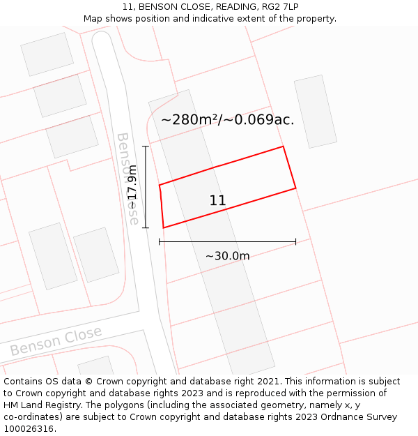 11, BENSON CLOSE, READING, RG2 7LP: Plot and title map