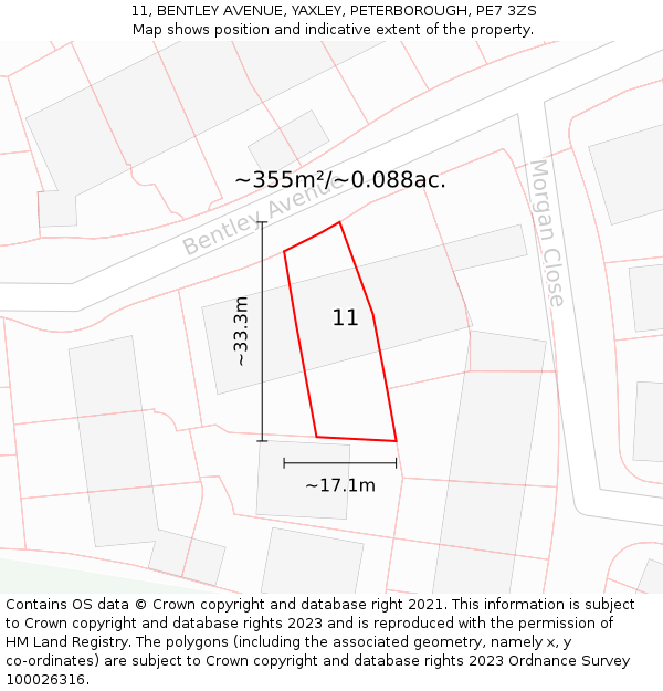 11, BENTLEY AVENUE, YAXLEY, PETERBOROUGH, PE7 3ZS: Plot and title map