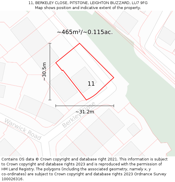 11, BERKELEY CLOSE, PITSTONE, LEIGHTON BUZZARD, LU7 9FG: Plot and title map