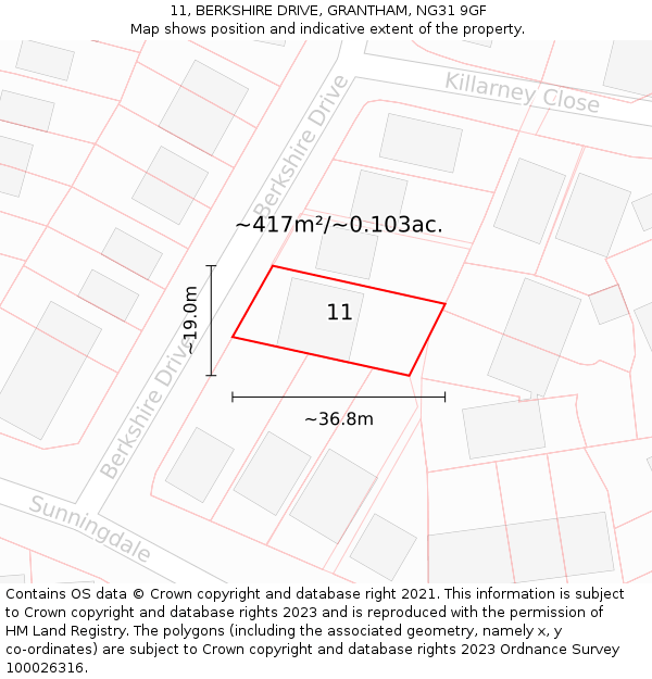 11, BERKSHIRE DRIVE, GRANTHAM, NG31 9GF: Plot and title map