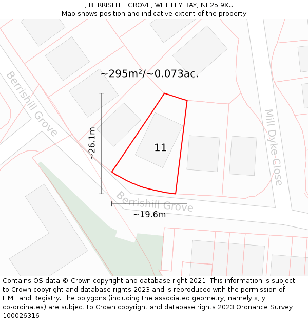 11, BERRISHILL GROVE, WHITLEY BAY, NE25 9XU: Plot and title map