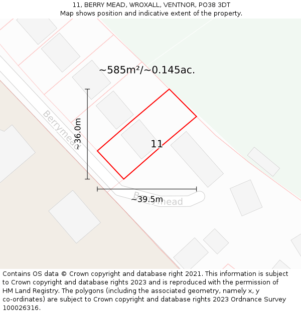 11, BERRY MEAD, WROXALL, VENTNOR, PO38 3DT: Plot and title map