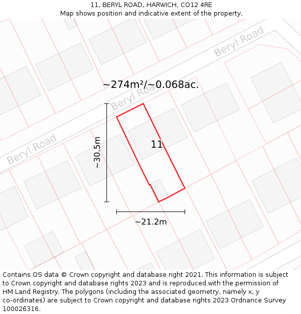 11, BERYL ROAD, HARWICH, CO12 4RE: Plot and title map