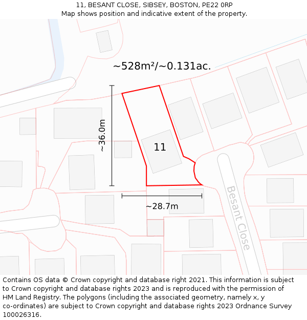 11, BESANT CLOSE, SIBSEY, BOSTON, PE22 0RP: Plot and title map