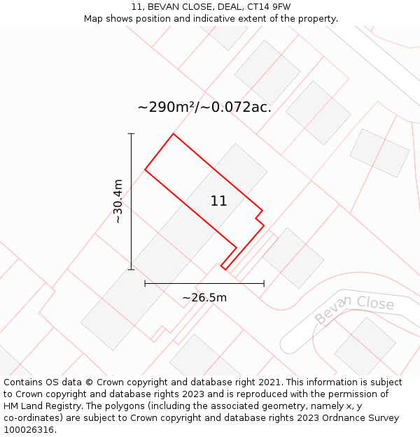 11, BEVAN CLOSE, DEAL, CT14 9FW: Plot and title map