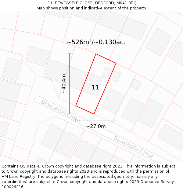 11, BEWCASTLE CLOSE, BEDFORD, MK41 8BQ: Plot and title map