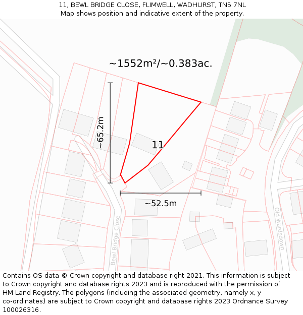 11, BEWL BRIDGE CLOSE, FLIMWELL, WADHURST, TN5 7NL: Plot and title map