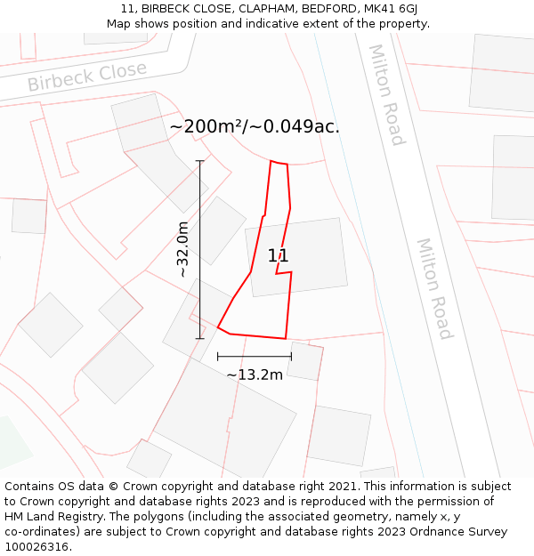 11, BIRBECK CLOSE, CLAPHAM, BEDFORD, MK41 6GJ: Plot and title map