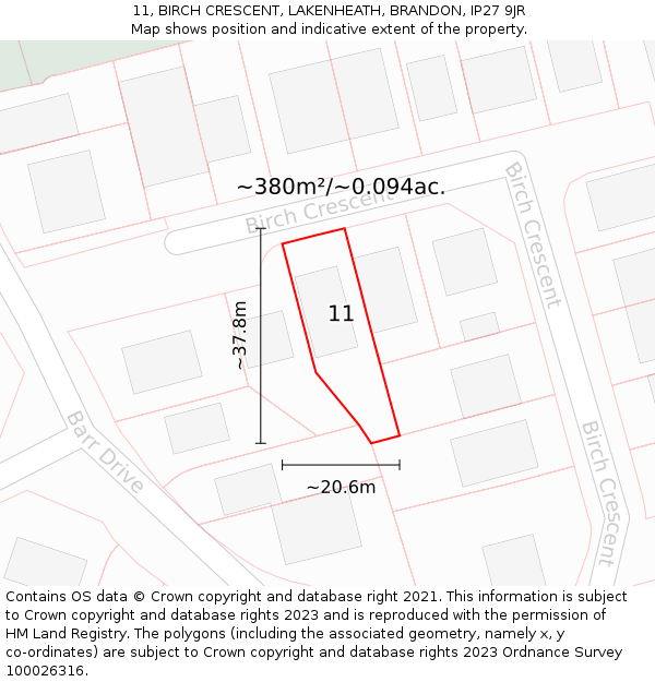 11, BIRCH CRESCENT, LAKENHEATH, BRANDON, IP27 9JR: Plot and title map