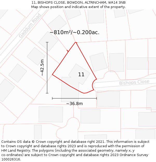 11, BISHOPS CLOSE, BOWDON, ALTRINCHAM, WA14 3NB: Plot and title map