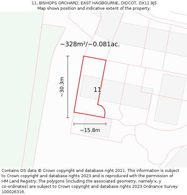 11, BISHOPS ORCHARD, EAST HAGBOURNE, DIDCOT, OX11 9JS: Plot and title map