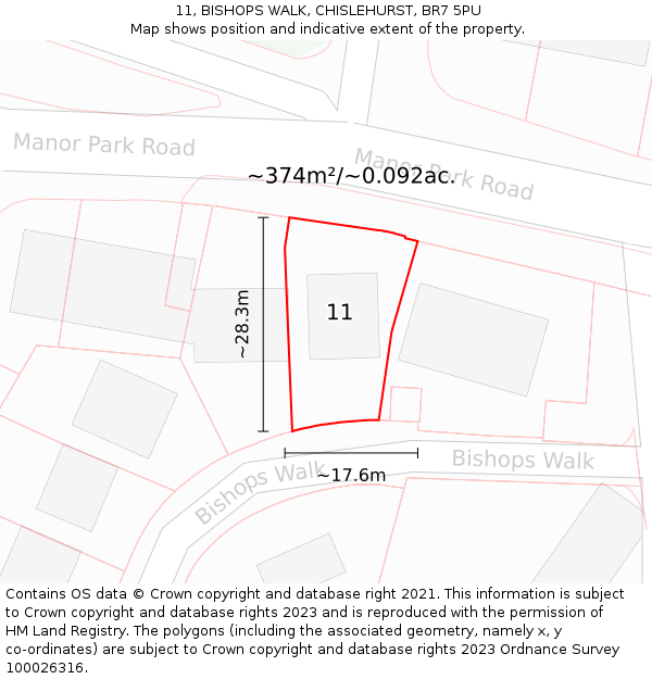 11, BISHOPS WALK, CHISLEHURST, BR7 5PU: Plot and title map