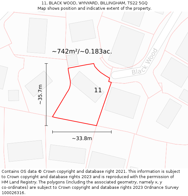 11, BLACK WOOD, WYNYARD, BILLINGHAM, TS22 5GQ: Plot and title map