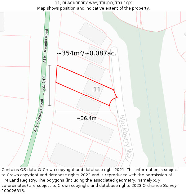 11, BLACKBERRY WAY, TRURO, TR1 1QX: Plot and title map