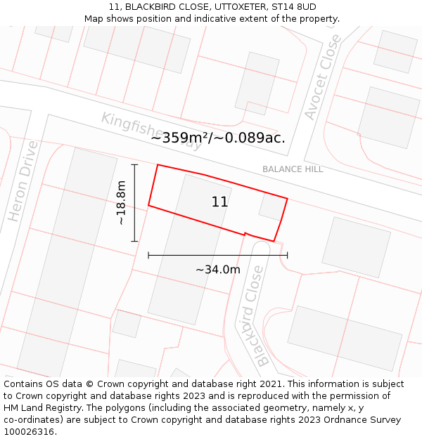 11, BLACKBIRD CLOSE, UTTOXETER, ST14 8UD: Plot and title map