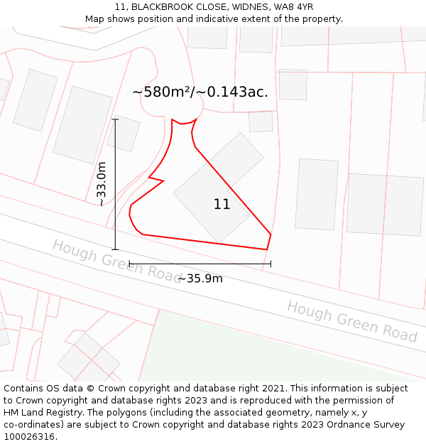 11, BLACKBROOK CLOSE, WIDNES, WA8 4YR: Plot and title map