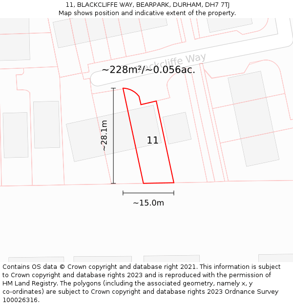 11, BLACKCLIFFE WAY, BEARPARK, DURHAM, DH7 7TJ: Plot and title map