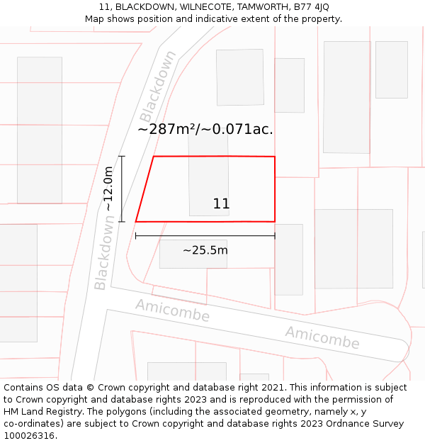 11, BLACKDOWN, WILNECOTE, TAMWORTH, B77 4JQ: Plot and title map