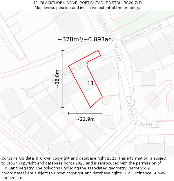 11, BLACKTHORN DRIVE, PORTISHEAD, BRISTOL, BS20 7LD: Plot and title map